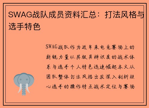 SWAG战队成员资料汇总：打法风格与选手特色